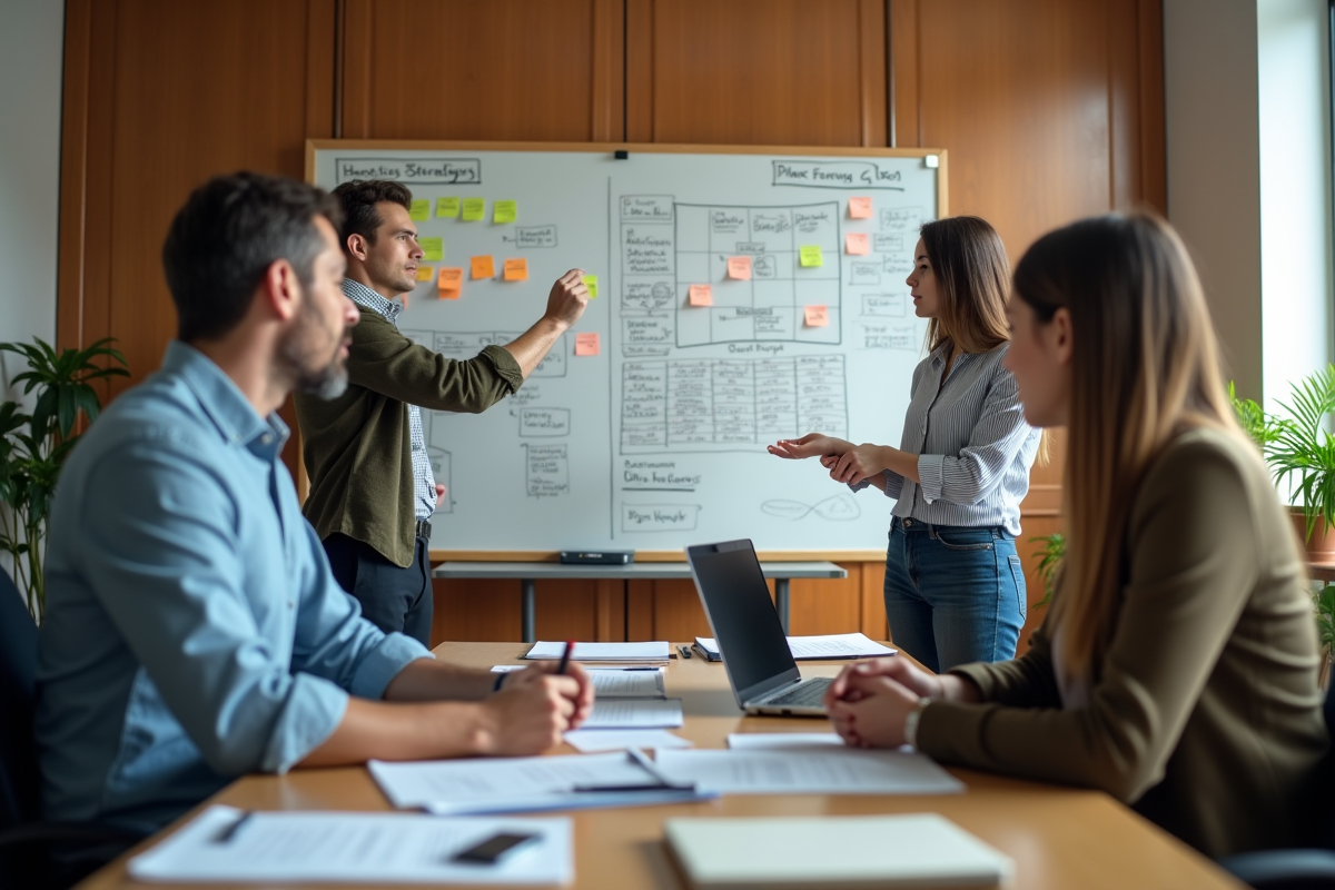 Groupe de professionnels discutant stratégie en réunion