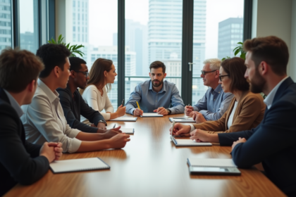 Groupe divers en réunion de travail en bureau moderne
