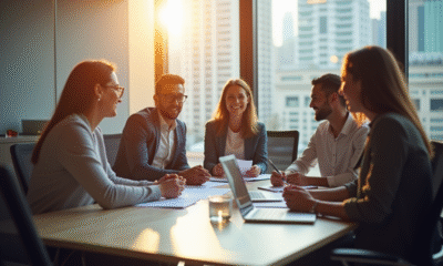 Groupe d'employes en réunion dans un bureau lumineux