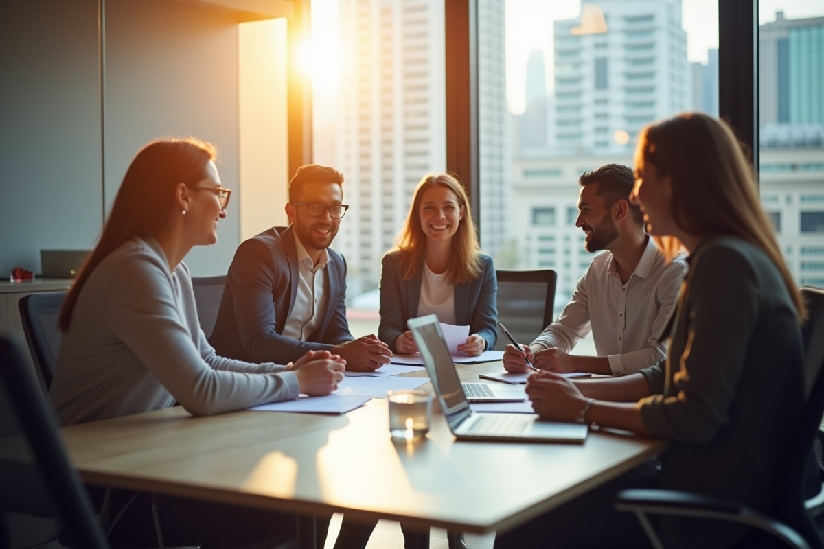 Groupe d'employes en réunion dans un bureau lumineux