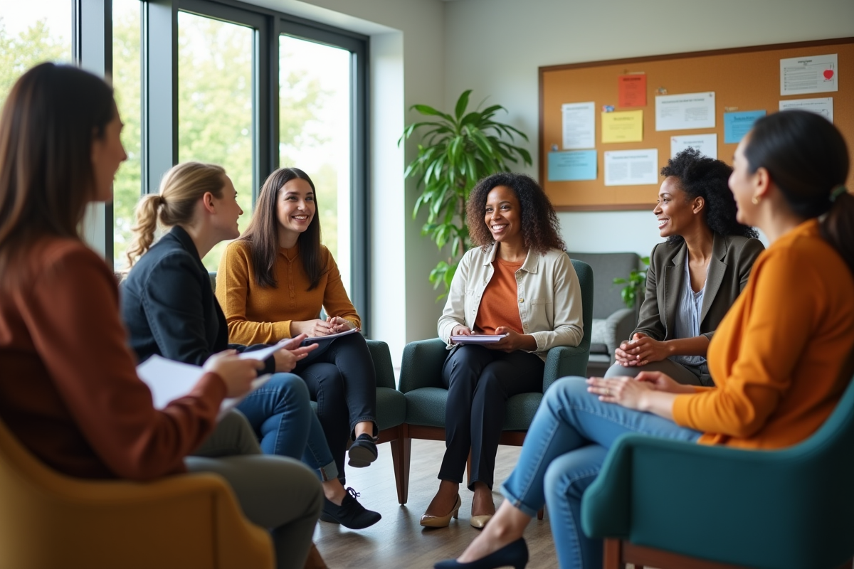 Groupe de travailleurs sociaux en discussion dans un centre communautaire