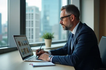 Homme d'affaires en costume bleu examine des annonces immobilières