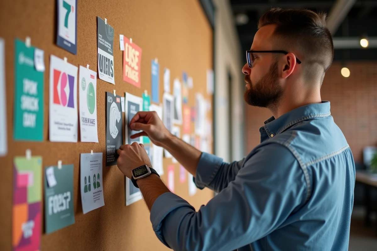 Homme pinçant flyers colorés dans studio créatif