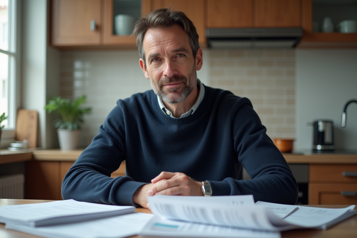 Homme d'âge moyen réfléchissant avec documents emploi