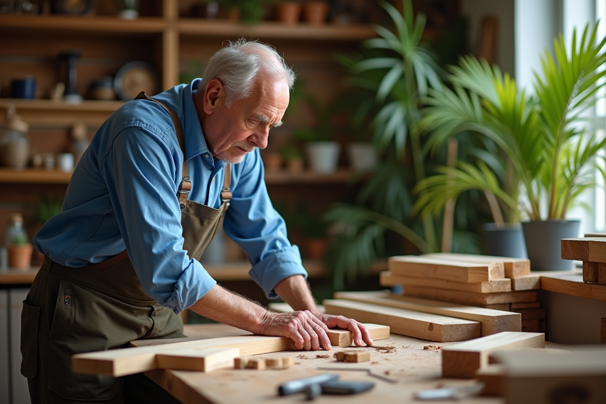 Homme âgé assemble meubles en bois recyclé en atelier