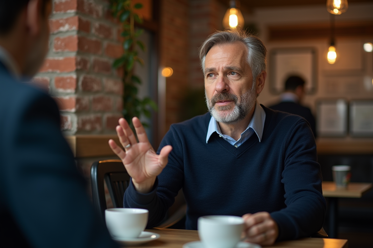 Homme en café discutant avec un autre personne