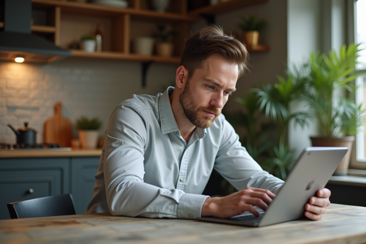 Homme dans la cuisine utilisant une tablette