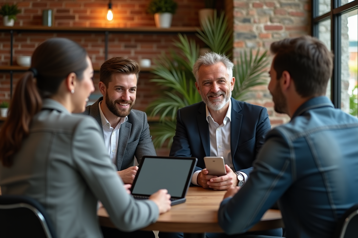 Homme en conversation détendue avec une équipe dans un café créatif