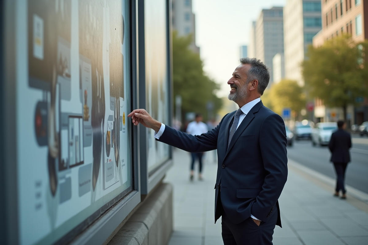 Homme d affaires examinant une affiche publicitaire en ville
