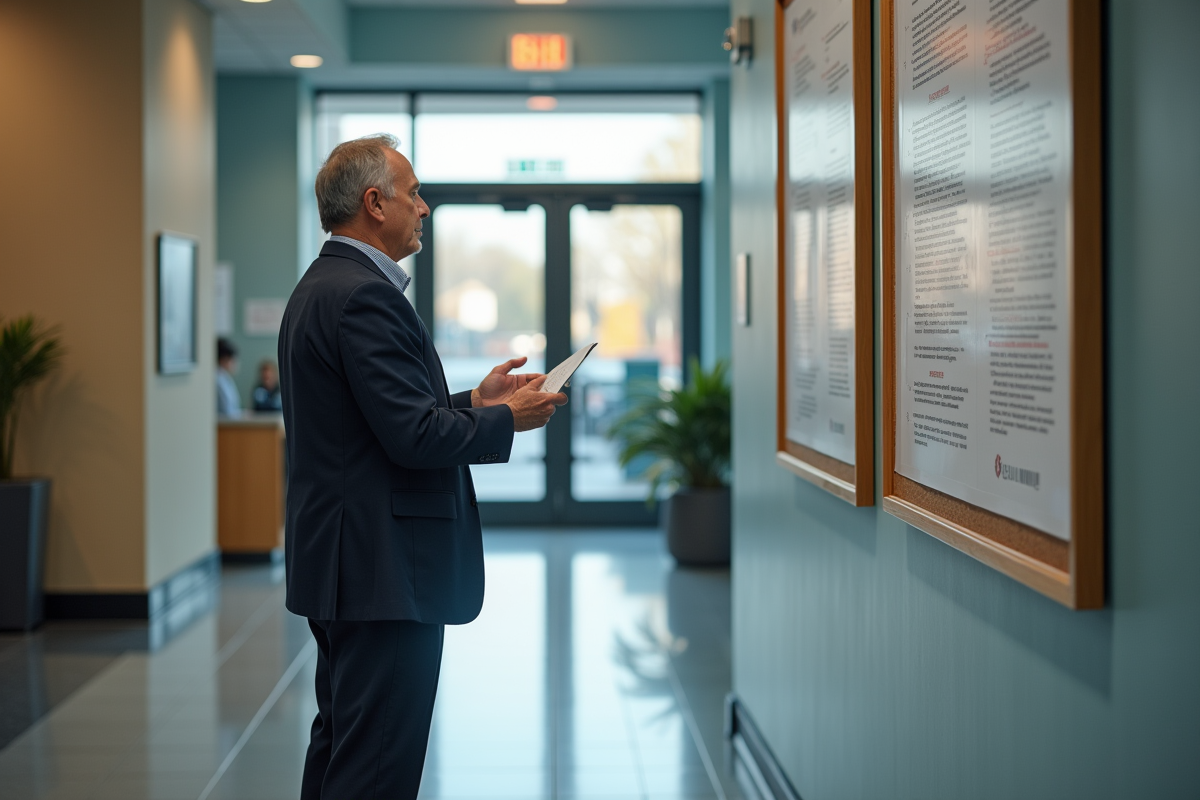 Homme lisant les reglements municipaux dans un bâtiment public