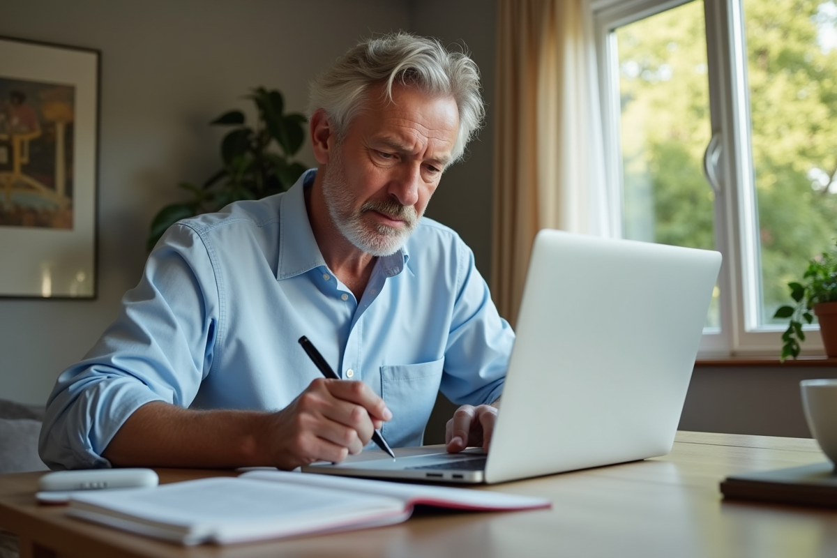 Homme relisant ses notes avec un ordinateur dans un salon lumineux
