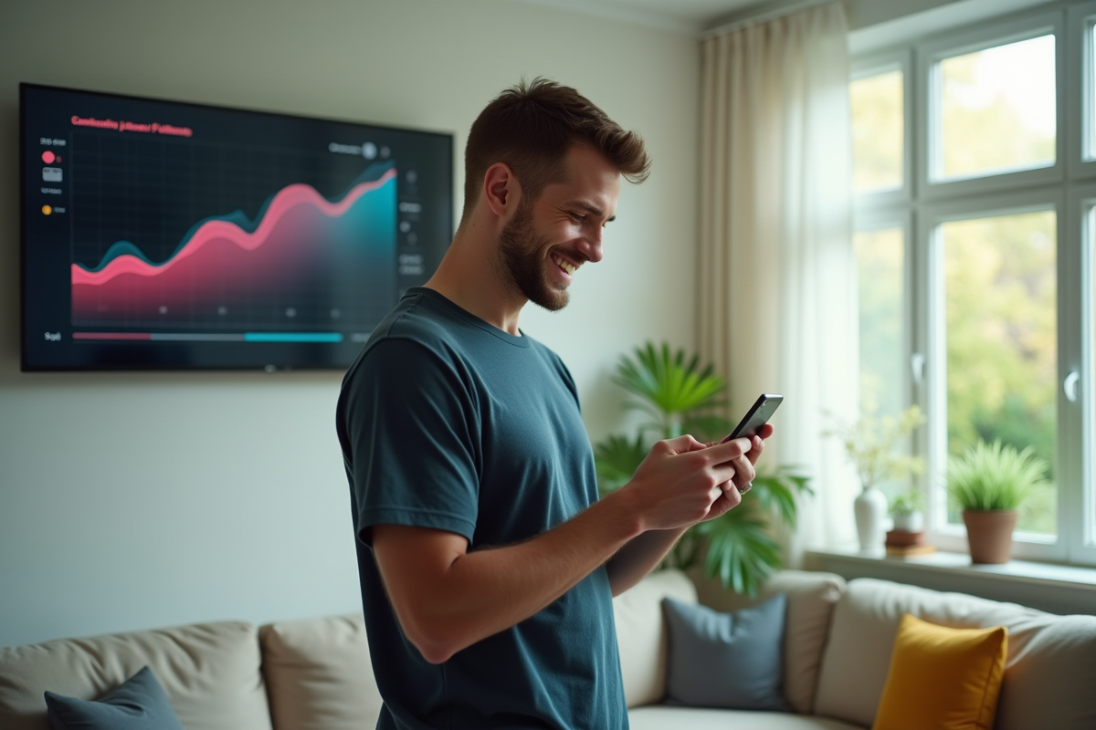 Homme souriant regardant son téléphone dans un salon lumineux