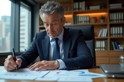 Homme d'affaires en costume bleu analysant des documents financiers
