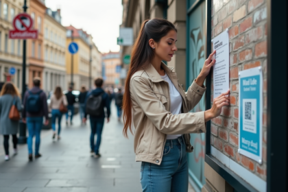 Jeune femme accrochant une affiche colorée sur un panneau urbain