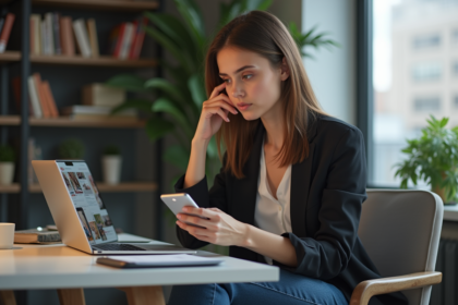 Jeune femme avec smartphone et ordinateur analyse ses followers