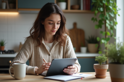 Jeune femme concentrée avec tablette dans un intérieur moderne