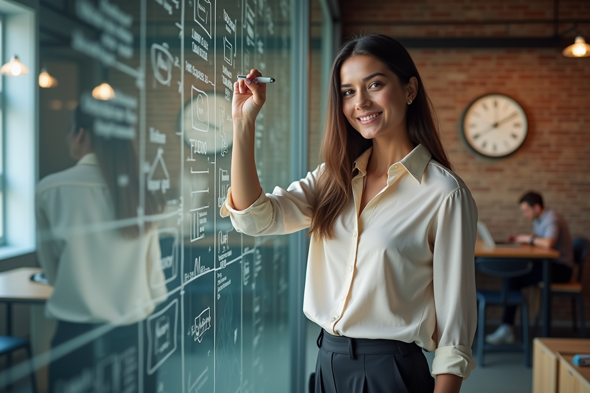 Jeune femme entrepreneure écrivant sur un tableau blanc créatif