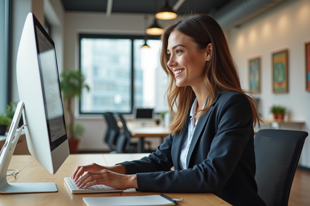 Jeune femme entrepreneure travaillant sur son ordinateur dans un espace de coworking