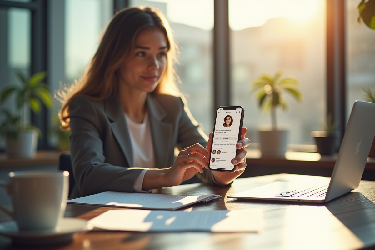 Jeune femme à son bureau avec smartphone et followers