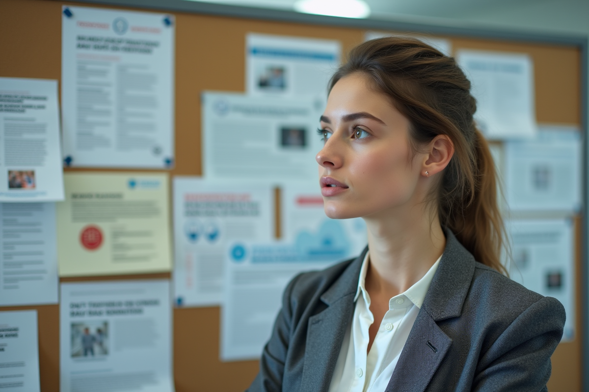 Jeune femme regardant panneau d