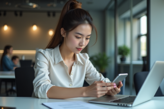 Jeune femme concentrée utilisant son smartphone pour une campagne SMS