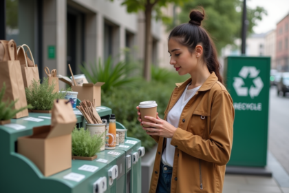 Jeune femme avec tasse recyclable examine produits recyclés