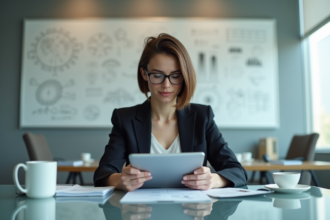 Jeune femme en réunion de travail avec tablette et papiers