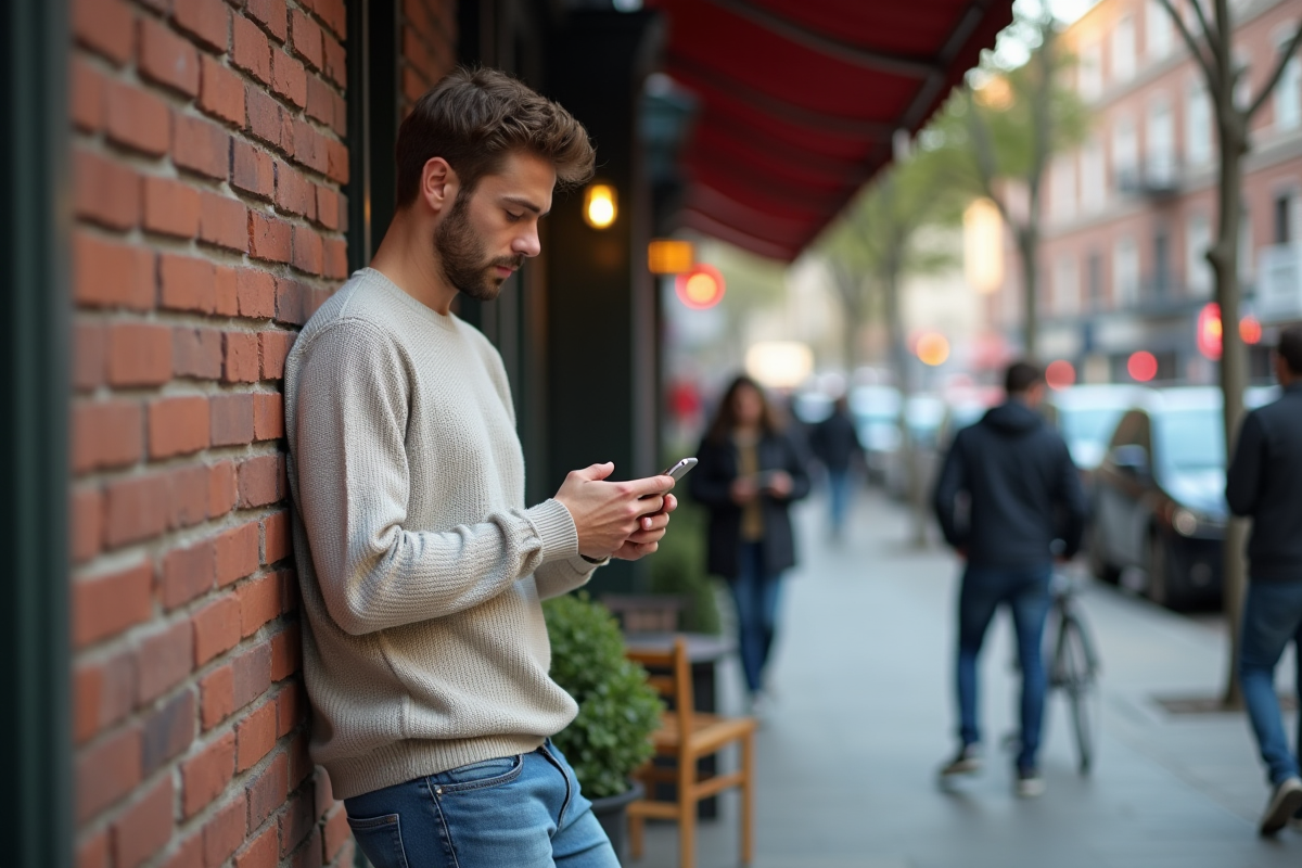 Jeune homme dehors dans un café urbain compose un message sur son téléphone