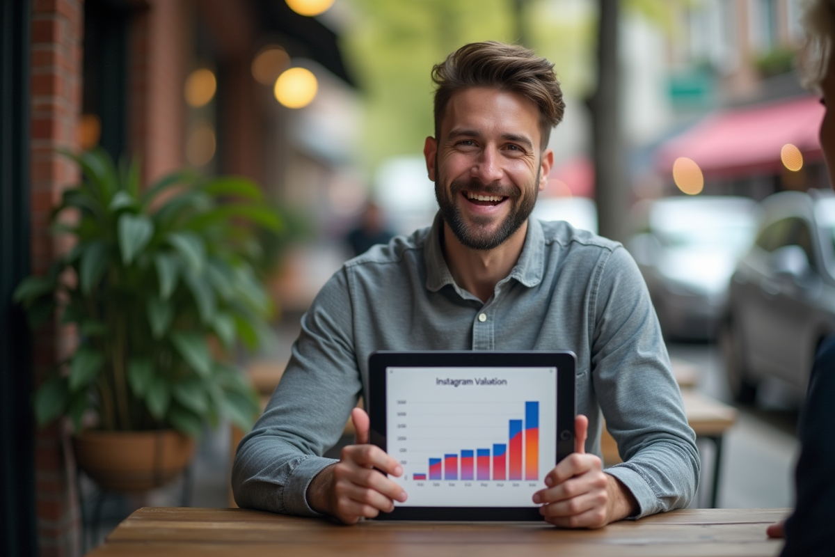Jeune homme discutant avec un graphique Instagram en extérieur