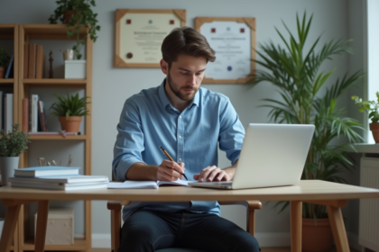 Jeune homme étudiant en sécurité informatique à son bureau