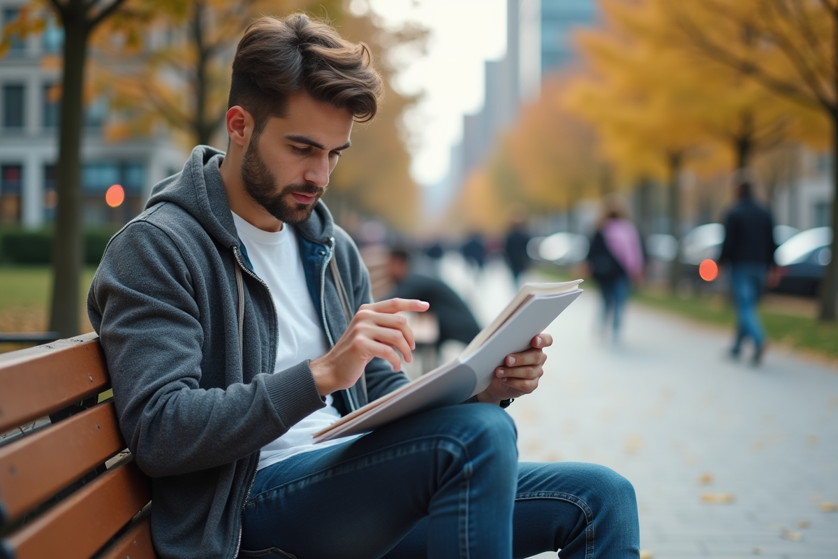 Jeune homme lisant un guide de recherche d emploi dans un parc