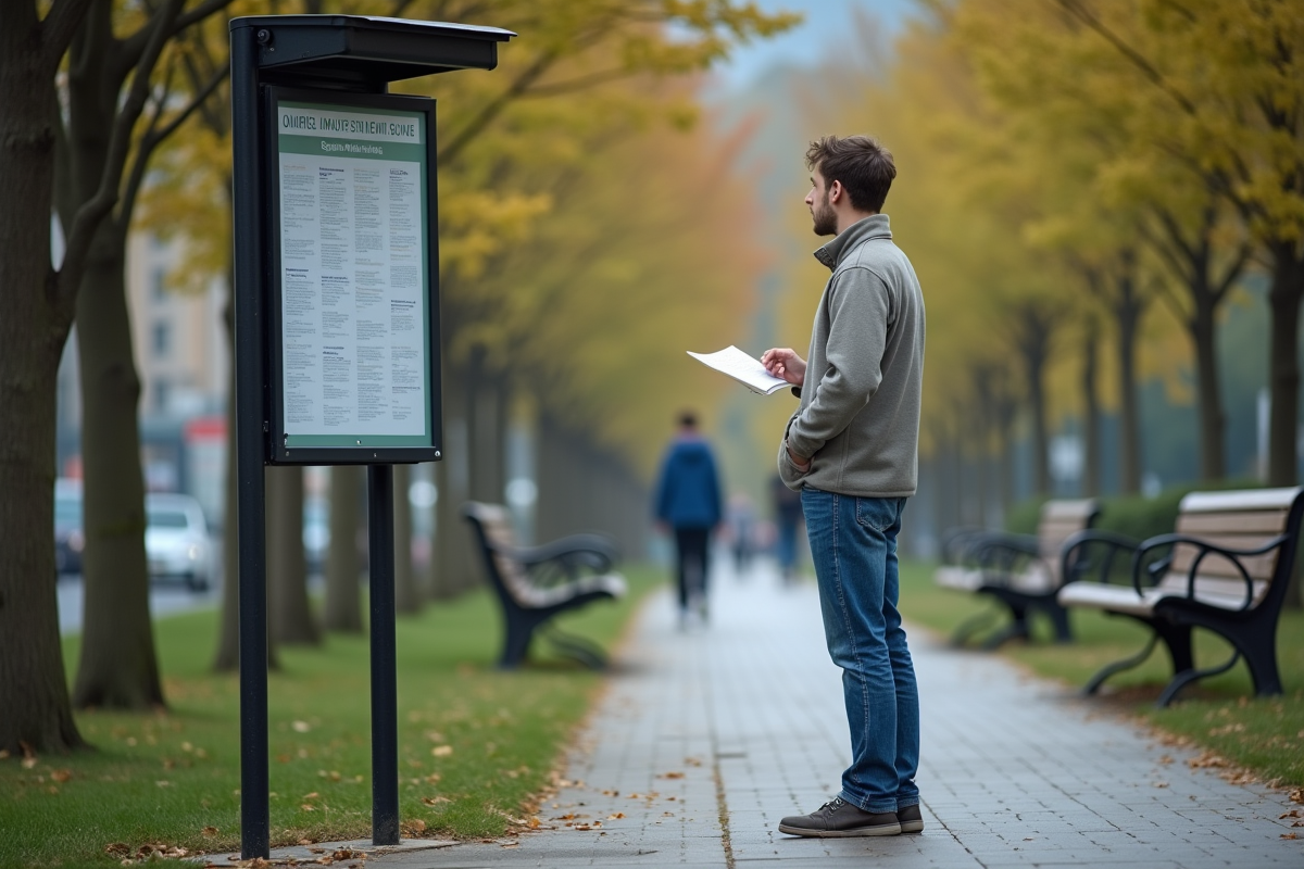 Jeune homme regardant un panneau d informations dans un parc