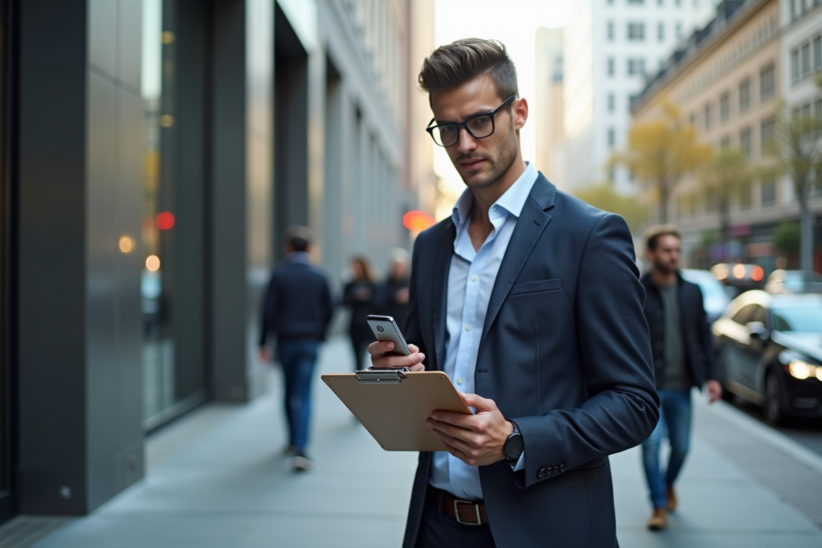 Jeune professionnel en ville prenant des notes avec son smartphone