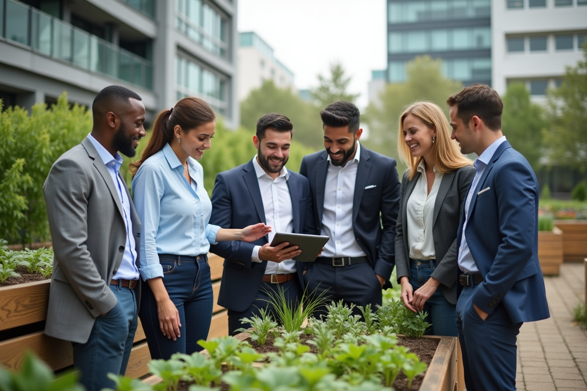 Jeunes professionnels discutant dans un jardin communautaire