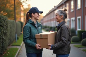 Jeune femme livreuse souriante remet un colis à une dame dans un quartier belge