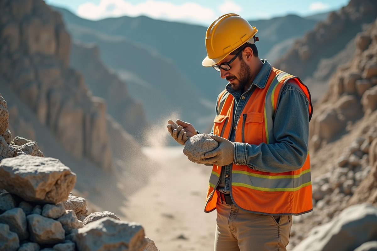 Ouvrier de carrière analysant échantillons de roche en plein air