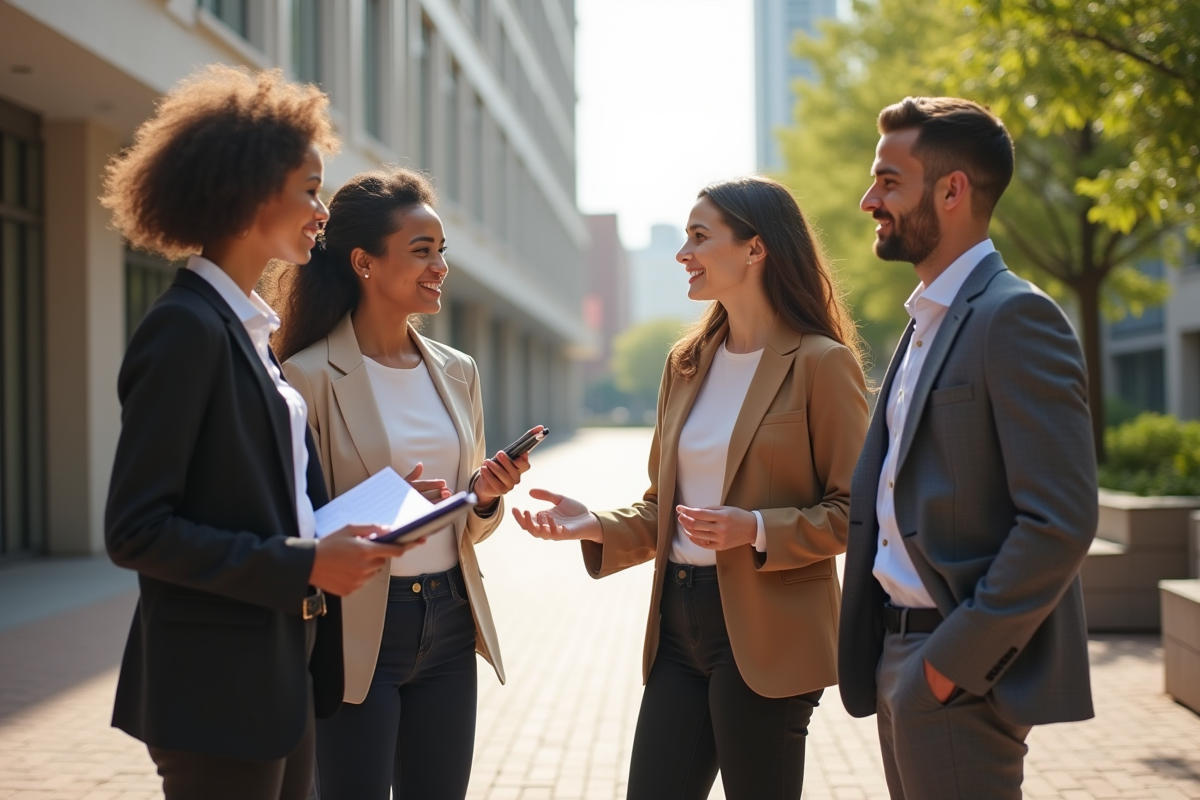 Professionnels discutant dans une cour urbaine ensoleillee