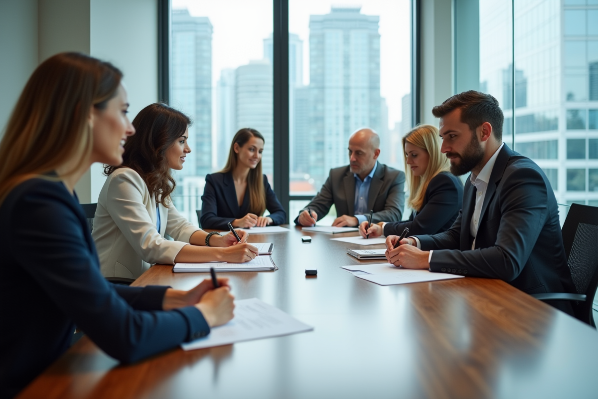 Groupe de professionnels au bureau remplissant des enquêtes de satisfaction