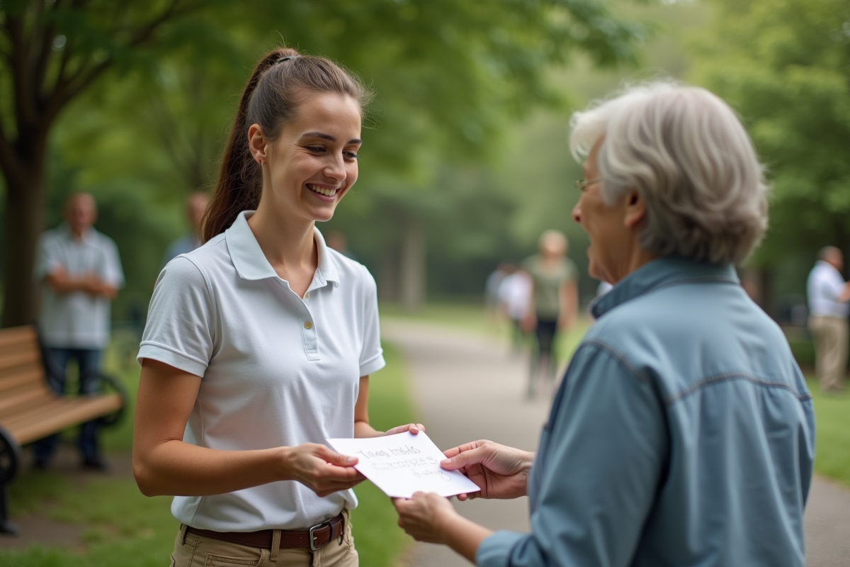 Jeune femme recevant une carte de remerciement dans un parc