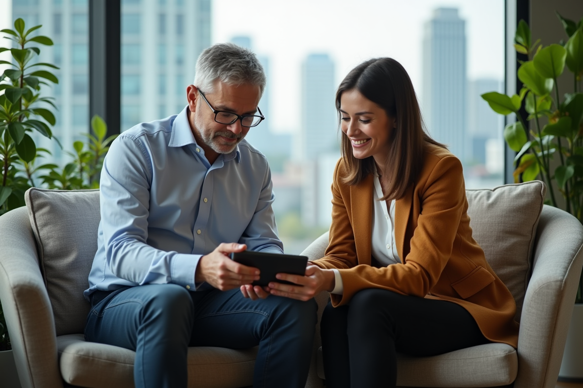 Homme et femme en réunion détendue avec tablette