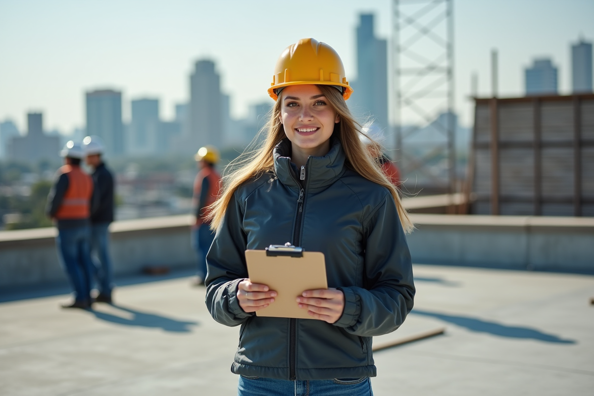 Jeune femme superviseure de toiture discutant avec l