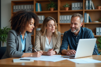 Groupe de trois adultes collaborant au bureau
