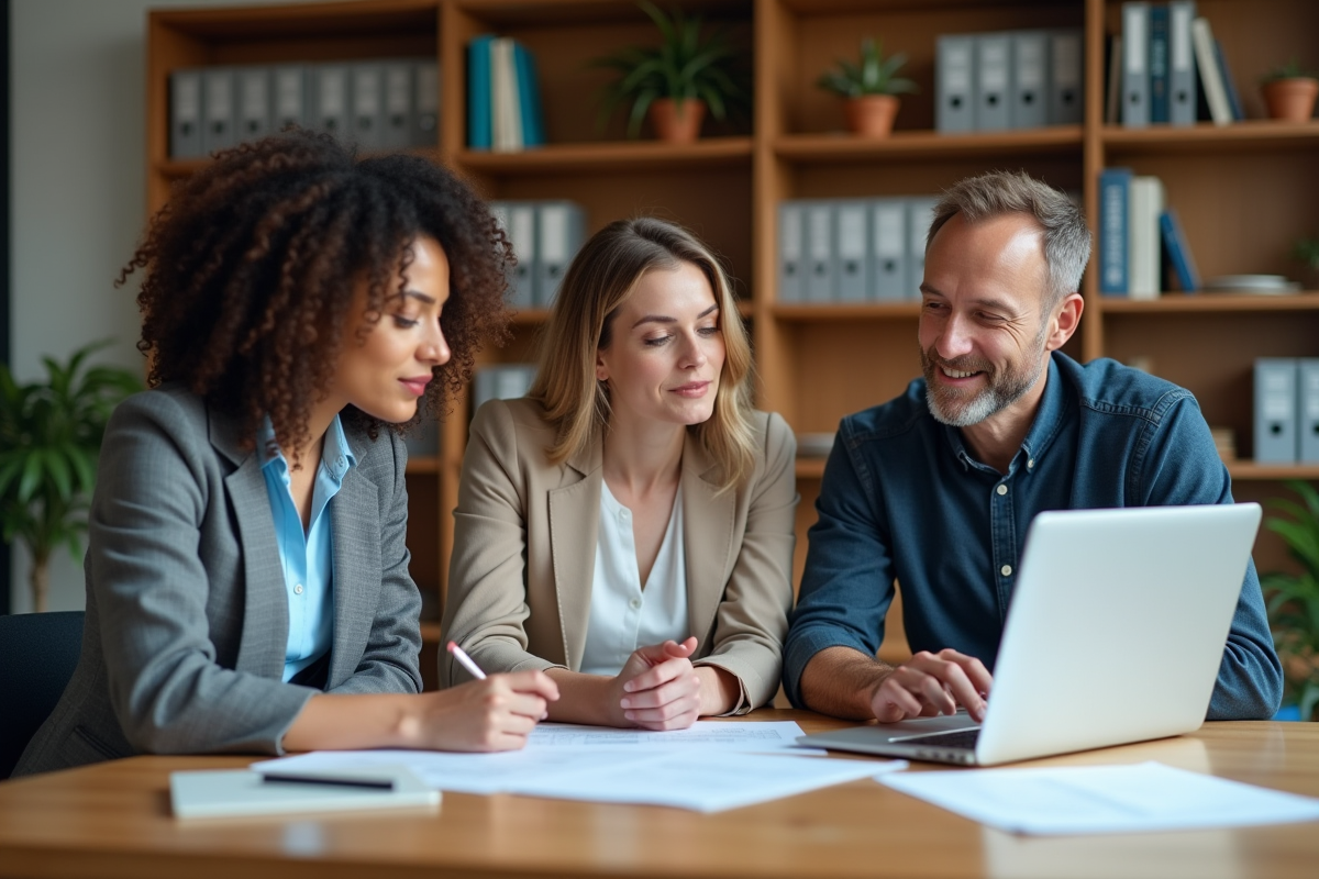 Groupe de trois adultes collaborant au bureau