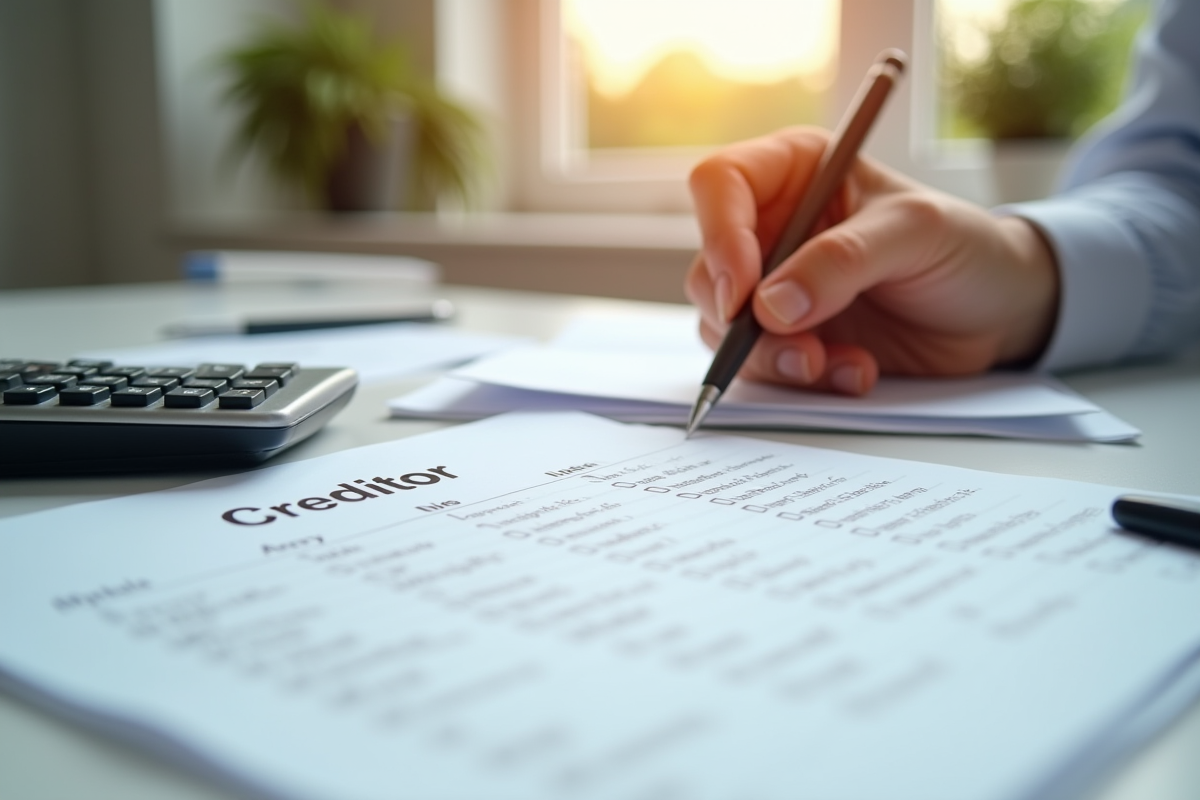 Main vérifiant une liste de créanciers avec calculatrice et papiers
